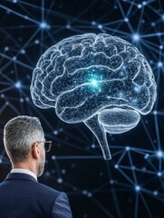 Poster - Man in Suit Observing Digital Brain Illustration on Dark Background with Connections