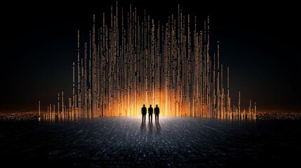 Poster - Silhouettes of Three Individuals Against a Bright Abstract Digital Backdrop in Darkness