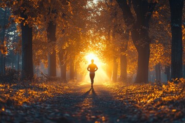 Fototapete - A person jogs along a path lined with vibrant autumn trees. Morning light creates a magical atmosphere, enhancing the beauty of nature Generative AI