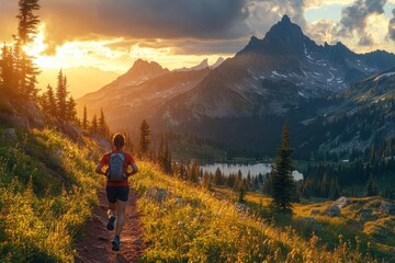 Fototapete - A runner navigates a beautiful trail surrounded by mountains and a lake as the sun sets, casting warm light on the vibrant landscape and scenery Generative AI
