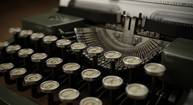 Vintage Typewriter: An Intricate Close-Up of a Classic Writing Tool with Round Keys and Distinctive Mechanisms, Highlighting Its Timeless Charm and Functionality