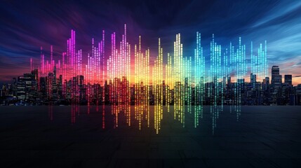 Poster - Abstract digital sound wave representation over city skyline at sunset