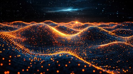Poster - Abstract Night Landscape: Glowing Waves of Digital Energy