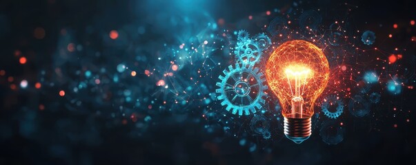 Leinwandbilder - Innovative light bulb concept with gears technology hub digital art abstract environment