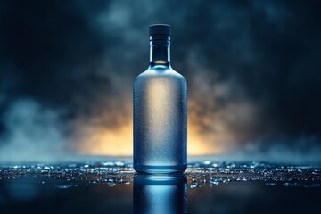 Poster - A frosted glass bottle stands prominently against a misty backdrop, illuminated by soft light, creating an elegant atmosphere in a modern space Generative AI