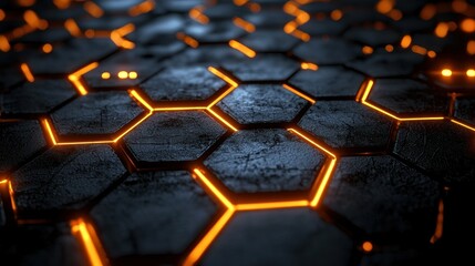 Poster - Abstract Hexagon Pattern with Glowing Orange Lines