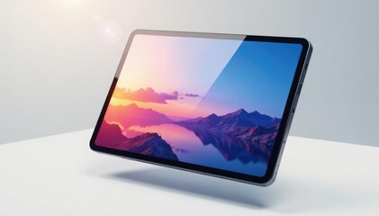 Floating tablet on white background, showcasing app, portable, electronic