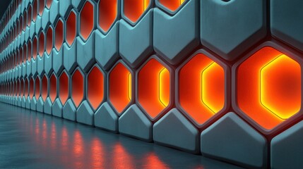 Poster - Abstract Hexagonal Wall with Glowing Orange Lights