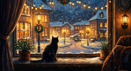Poster - silhouette of a cat looking out the window with a winter evening outside, oil painting . Generative AI