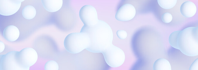 Poster - Abstract liquid blobs on light blue background. Vector realistic illustration of 3D fluid bubbles, molecular balls floating in chemical substance, white metaballs, scientific presentation template