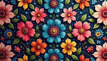 Canvas Print - intricate floral textile design, repeating motif, dark, botanical