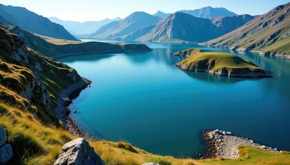 Wall Mural - irregular shaped lake with meandering shoreline, rocky coast, overview, ecology, coast