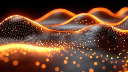 Poster - Abstract Orange Digital Landscape: Glowing Particle Waves