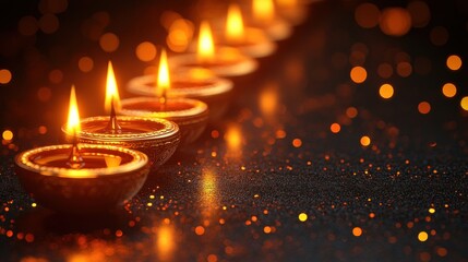 Aufkleber - Row of lit diyas on dark glittery surface.