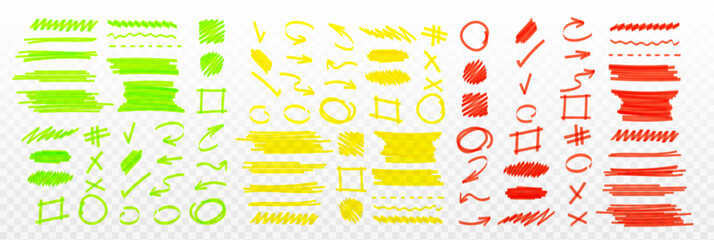 Poster - highlight marker strokes set - hand drawn green, yellow and red lines, shapes and symbols. sketchy g