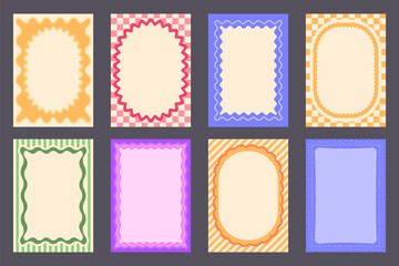 Poster - Retro set of frames with wavy edges isolated on black background. Vector cartoon illustration of scallop borders with color striped, checkered, doodle art design for rectangle and oval shape posters