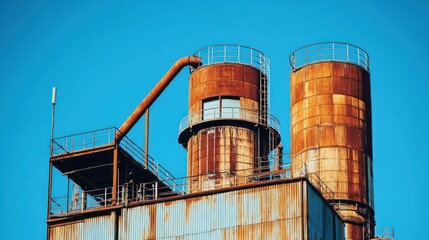 Aufkleber - Rusty industrial silos against a clear blue sky.