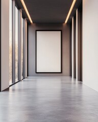 Poster - A modern minimalist gallery hallway features a large blank s perfect for art display and design presentations.