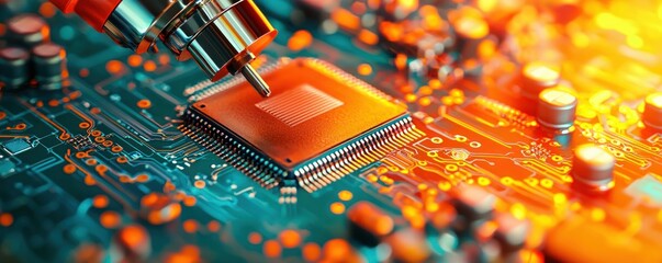 Poster - A close-up shot shows a microprocessor being installed onto a circuit board du manufactu.