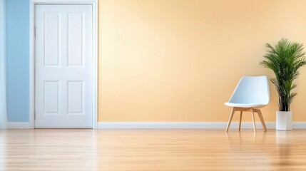 Poster - A minimalist interior design features a light wooden floor, pale yellow wall, white door, and modern chair.