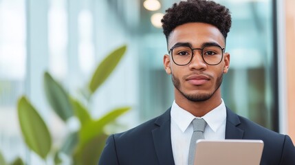 Poster - Young Latino Businessman Using Digital Tablet in Modern Office Environment for Successful Strategy