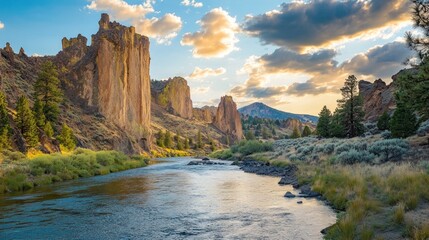 Poster - Scenic river flowing through a dramatic landscape with towering rock formations at sunset.