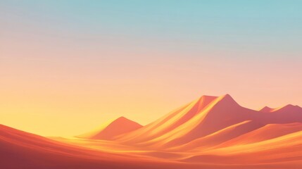 Poster - Serene desert landscape at sunset, with soft orange and pink hues illuminating smooth sand dunes and mountains.