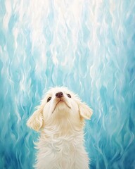 Fototapete - An adorable fluffy white puppy looks upward towards a bright blue ethereal background.