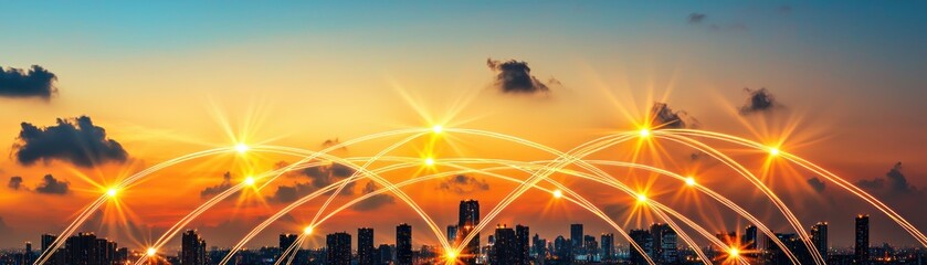 Poster - Golden sunset cityscape with glowing network connections illustrating global communication and digital connectivity.