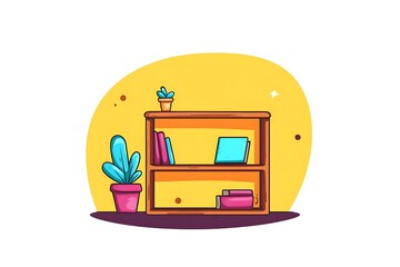 Poster - A cartoon illustration depicts a bookshelf with books and plants