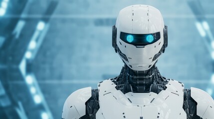 Poster - Futuristic Robotic Droid with Glowing Blue Eyes in High-Tech Environment