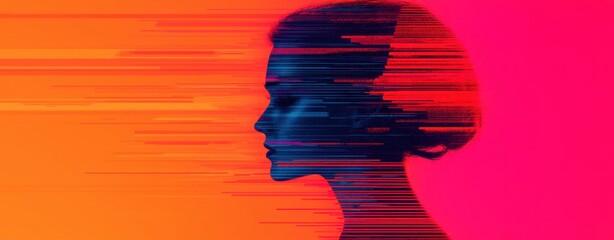 Aufkleber - Abstract digital portrait of a woman's profile against a vibrant orange and pink background.