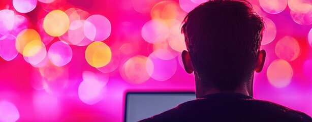 Poster - A young man sits before a laptop at night, illuminated by vibrant pink and orange bokeh lights.
