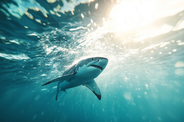 Poster - dynamic shot of shark swimming towards camera with sunlight filtering through water, creating dramatic effect