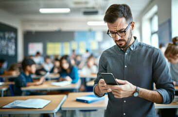 Poster - male teacher in classroom looks concerned while checking his smartphone, with students working in background