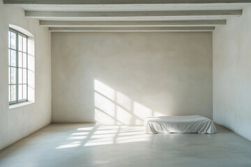 Poster - minimalistic room with single bed, clean walls, and natural light streaming through large window