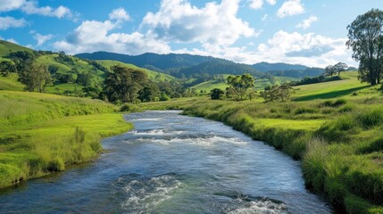 Poster - Serene river flowing through lush green valley under a bright sunny sky.