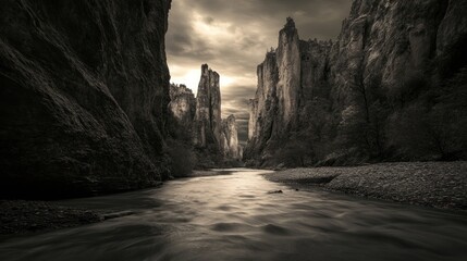 Poster - Serene river flows through a dramatic, dark canyon with towering rock formations under a brooding sky.