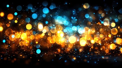 Fototapete - Abstract bokeh background with gold and blue glowing lights perfect for holiday designs and celebrations.