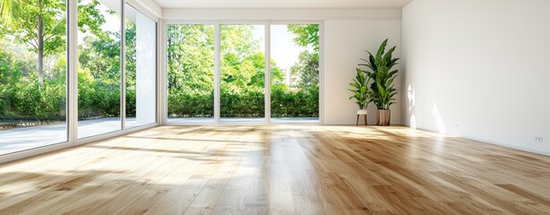 Poster - Sunlight streams through large into a bright, empty room with light hardwood floors and potted plants.