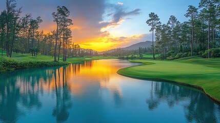 Poster - Serene sunset over a golf course with a calm lake reflecting the vibrant sky and lush green landscape.