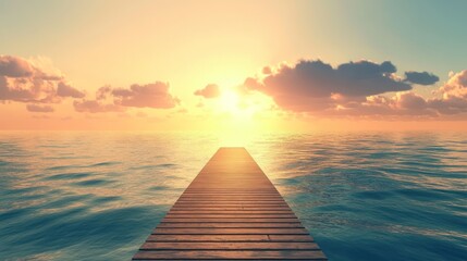Poster - Serene sunset over calm ocean; wooden pier extending towards the sun.