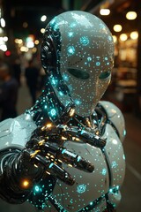 Poster - Futuristic humanoid robot with glowing blue lights and extended hand