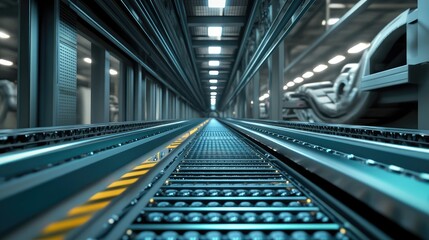 Poster - An industrial conveyor belt with metal rollers and a long, uninterrupted path, offering ample space for text or logo above.