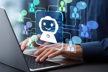 Poster - AI agent and customer support. Artificial intelligence helping and assisting customer. Man using laptop computer to ask questions to AI at desk.