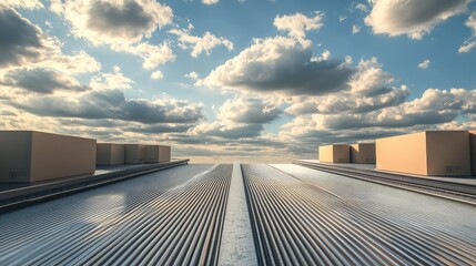 Poster - A clean packaging conveyor belt moving boxes with ample space in the sky for text or logo.