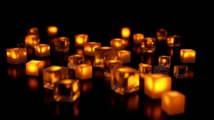 Fototapete - Glowing Transparent Cubes Reflecting Warm Light in a Dark Setting, Creating an Intriguing Abstract Visual Composition