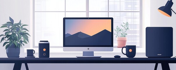 Poster - Modern workspace with computer and plants under natural sunlight indoors