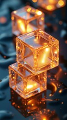 Fototapete - Glowing Transparent Cubes Reflecting Warm Light in a Dark Setting, Creating an Intriguing Abstract Visual Composition