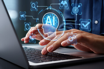 Aufkleber - AI agent supporting business processes with automation technology. Generative artificial intelligence analyzing data and predicting future. Businessman using laptop computer.